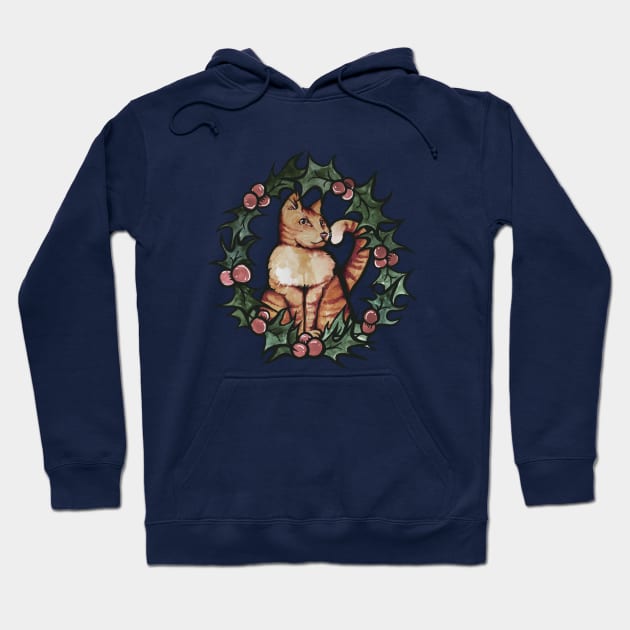 Orange Cat Christmas Holly Hoodie by bubbsnugg